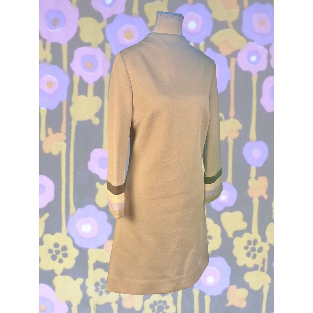 Vintage 60s Dalton Camel Knit Dress Structural Funnel Neck Multi-Stripe Trim 8 - Picture 2 of 4